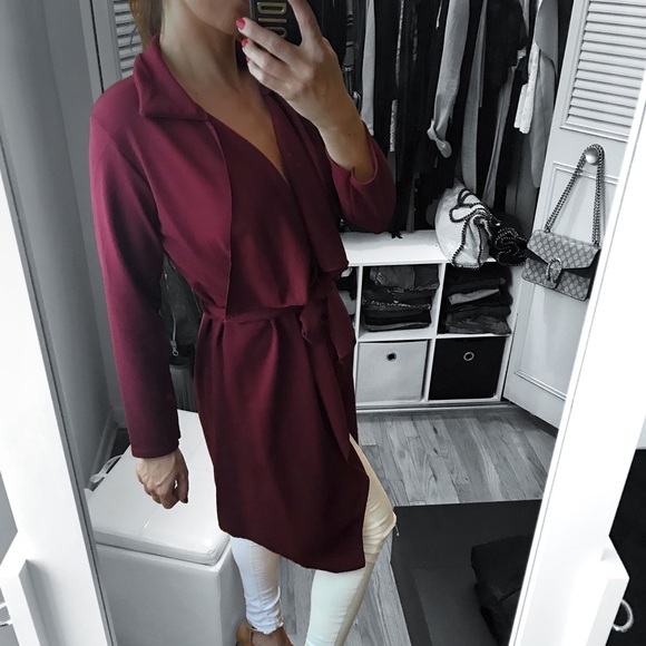 Wine Waterfall Collar Tie Waist Jacket - Picture 3 of 8